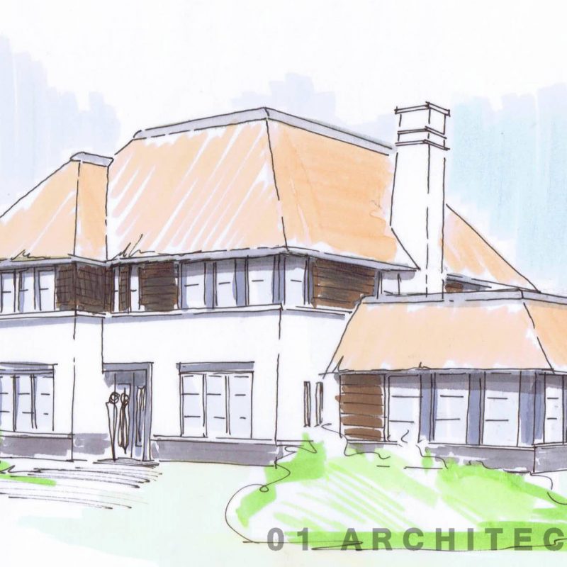Enschede schetsontwerp witte villa met riet schoorstenen en veranda